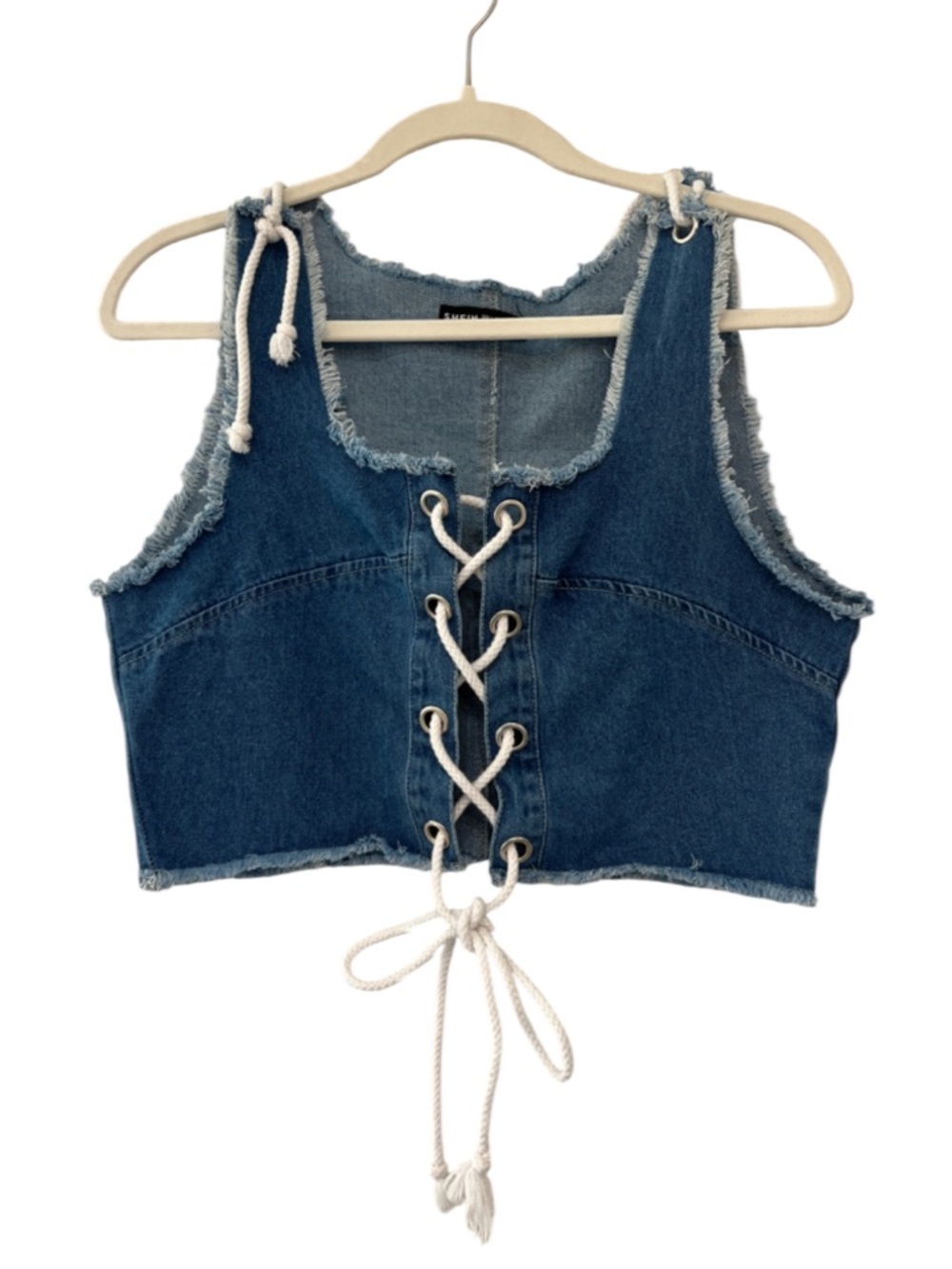 SHEIN Lace-Up Denim Crop Vest Grommet Shoulder Detail Raw Hem